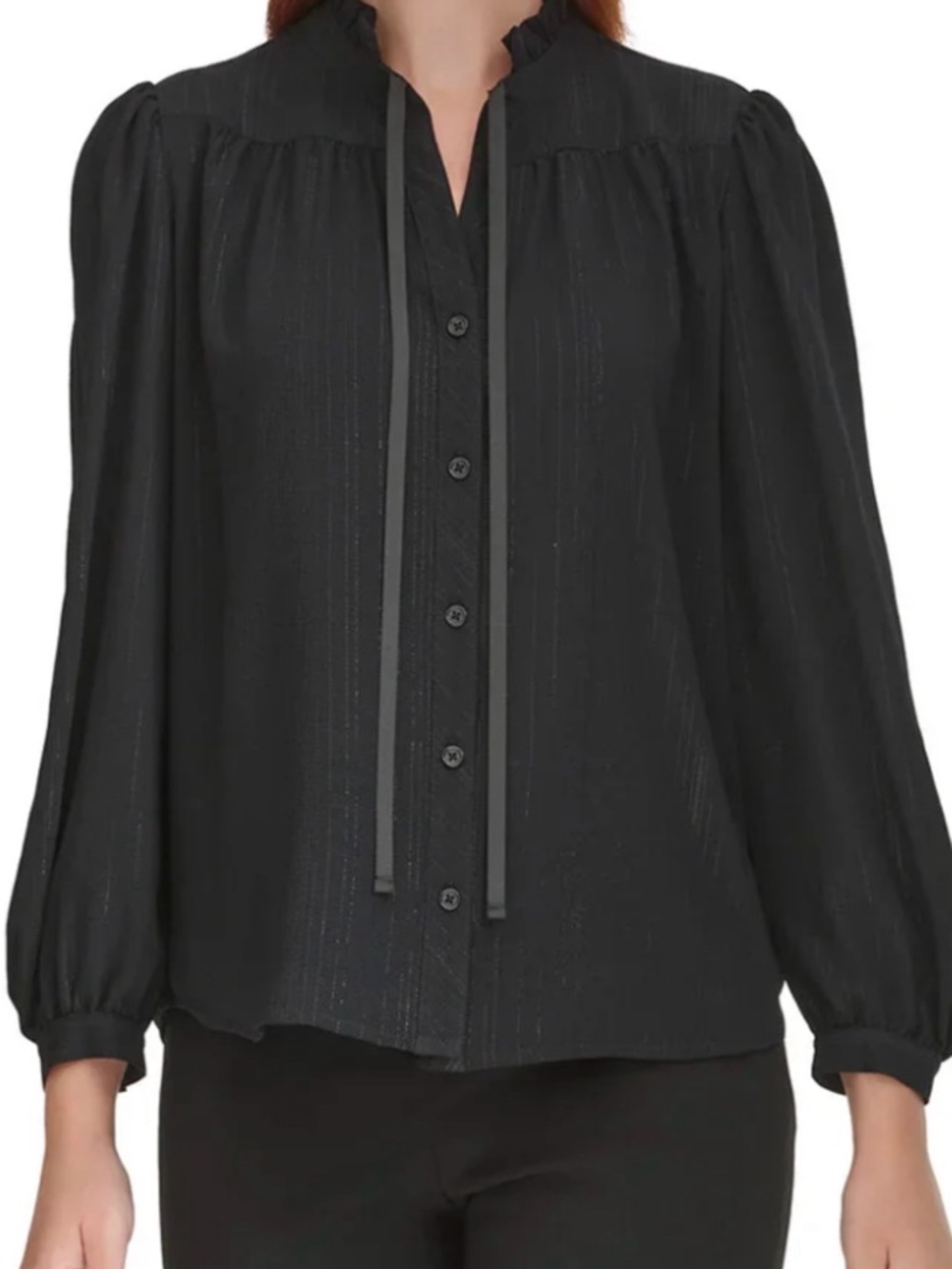 🔥0079–DKNY Black Ruffle Tie-Neck Button Blouse